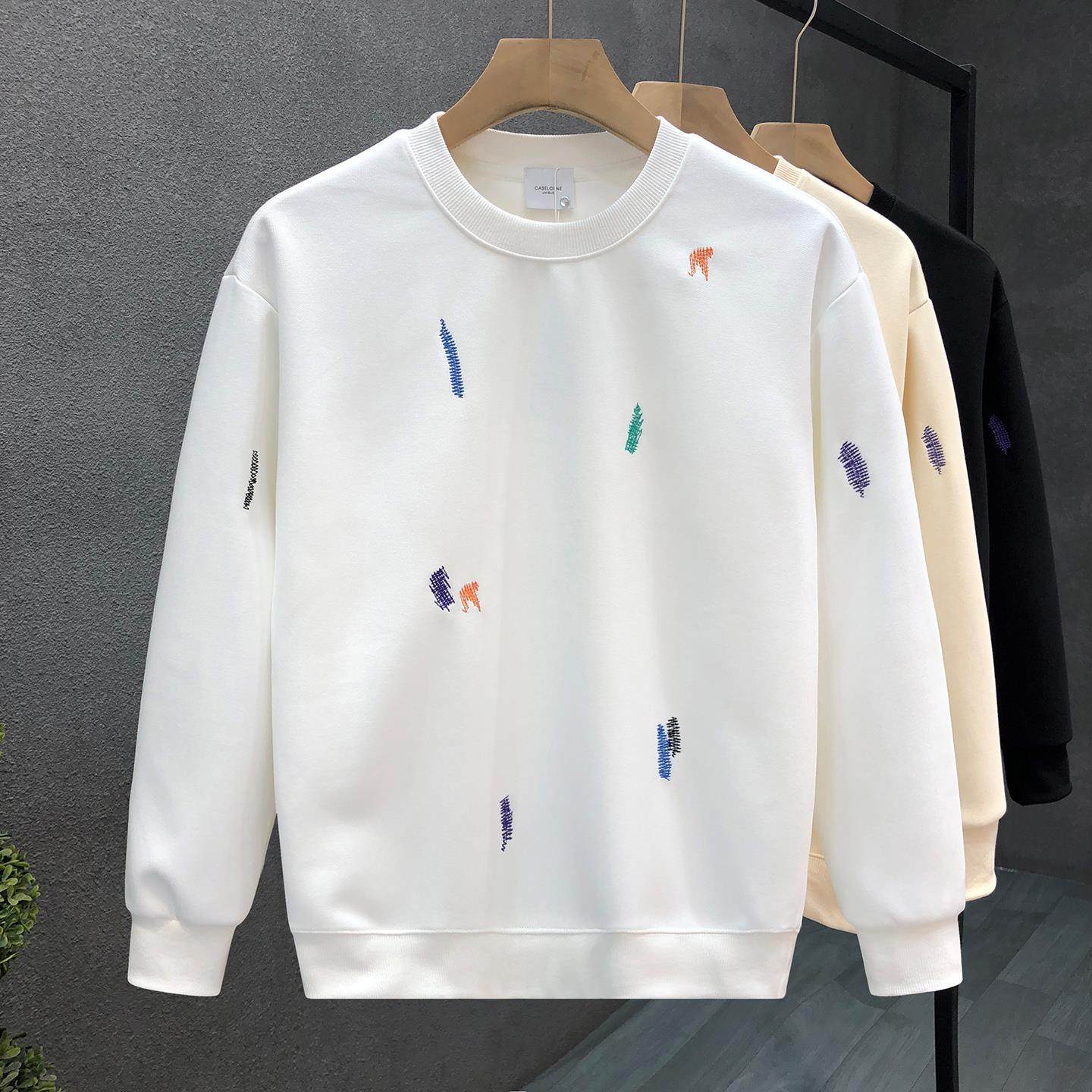 进口品质彩色刺绣杏色卫衣男生长袖t恤2025秋冬季新款男士打底衫