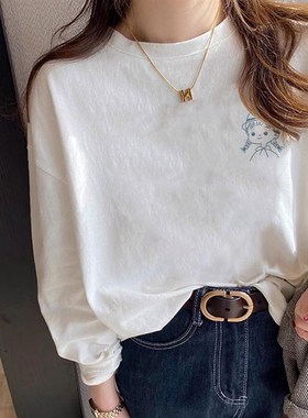白色纯棉长袖t恤女装秋冬高级感加绒内搭打底衫甜辣胖mm大码上衣
