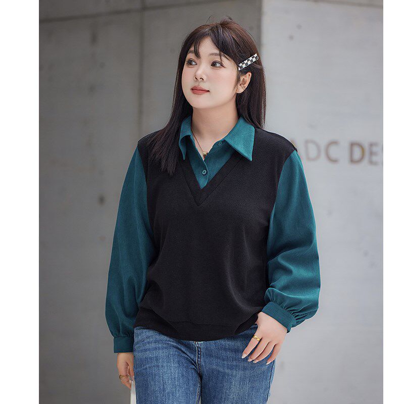显瘦大码胖MM衬衫女装2024新款秋冬宽松拼接假两件卫衣上衣200斤