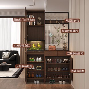 中古风入户玄关柜鱼缸一体鞋柜屏风隔断家用客厅藤编收纳柜可定制