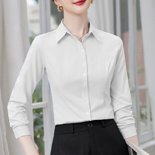蓝色条纹白领衬衫女长袖春秋修身工装打底衫气质工作服职业棉衬衣