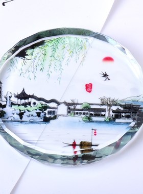 创意水晶彩印摆件装饰品家居新中式中国风工艺品书法镇纸生日礼物