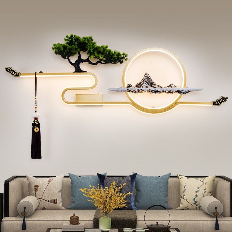 新中式客厅沙发背景墙挂画灯禅意玄关茶室屏风大型装饰壁画式壁灯