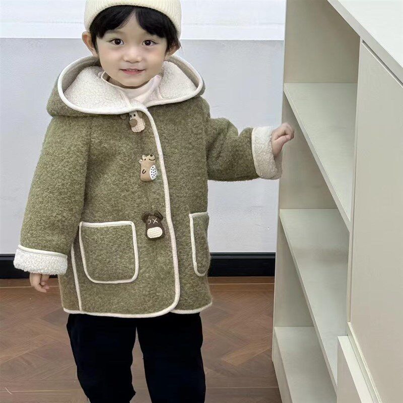 男童加绒呢子外套秋冬款2024新款男宝宝毛呢大衣儿童冬装加厚衣服