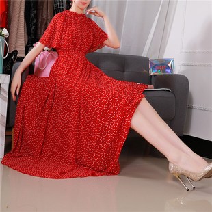 夏季新款波点连衣裙复古风红裙雪纺短袖长裙大码宽松显瘦度假沙滩