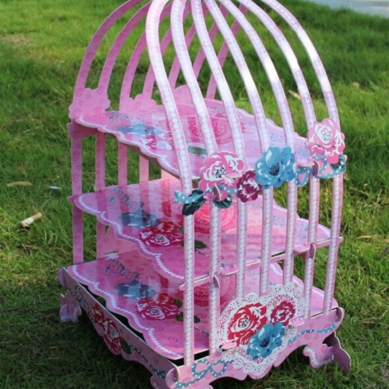 party甜品桌布置用品加厚纸质三层蛋糕架鸟笼摆件模型公仔展示架