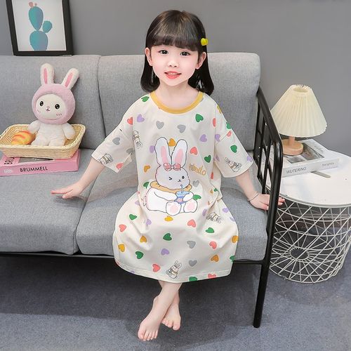 女童睡裙2024新款春秋爱心小兔长裙睡衣中小童女宝宝休闲款家居服