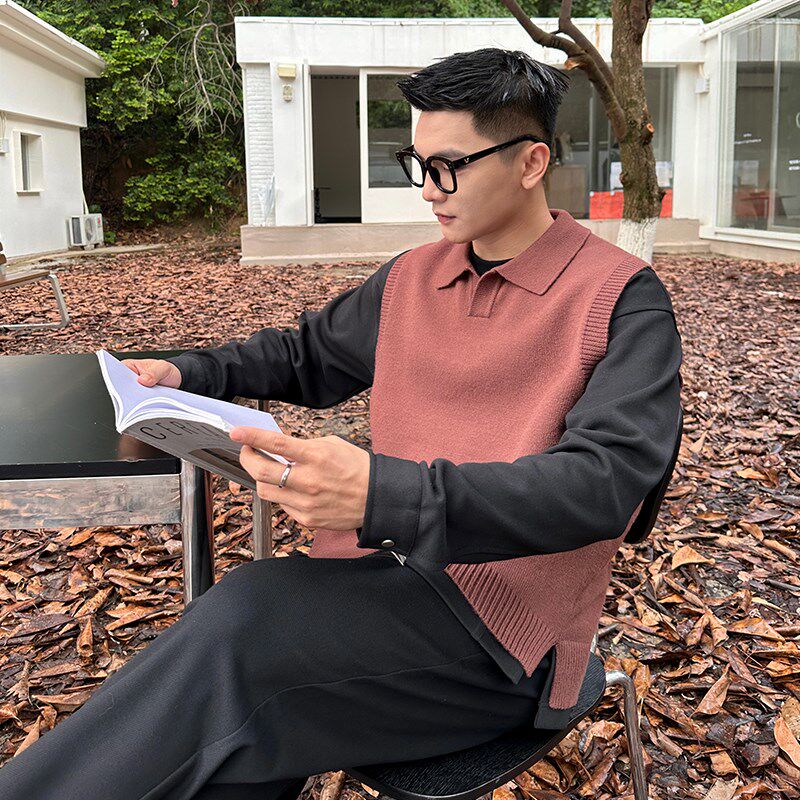 22号穿搭高定Polo方V领口秋冬男毛衣背心无袖马甲翻领针织衫