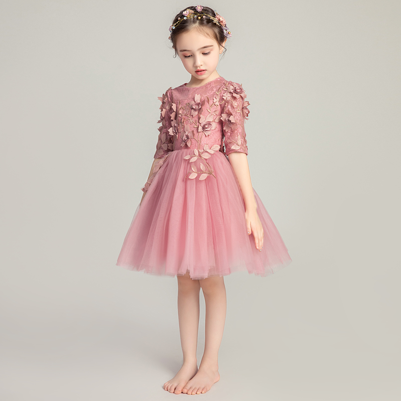 儿童晚礼服公主裙女童婚纱小花童蓬蓬纱主持人钢琴表演服长袖冬天