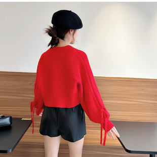 红色毛衣外套女本命年大红色高腰短款小个子秋冬新款宽松针织上衣