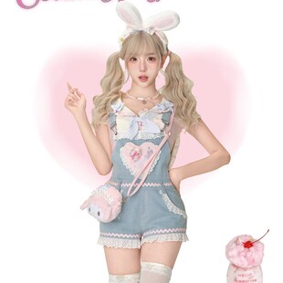少女椰子 草莓兔兔 粉黄上衣送领结猫爪+蓝色牛仔背带裤送兔别针