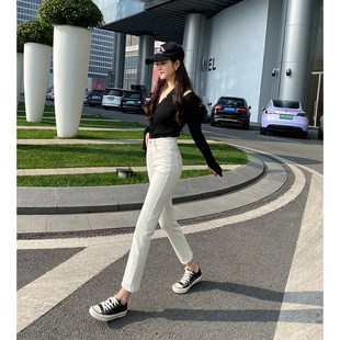 2024春 女显瘦九分烟管裤 莱卡四面弹 米白色高腰小个子直筒牛仔裤