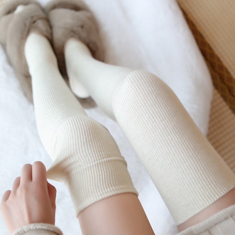 灰色过膝长筒袜子女微压显瘦大腿袜棉质条纹高筒黑JK袜白色堆堆袜