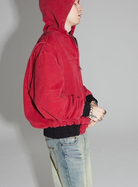 【PacShop】.pac 短款水洗红做旧拉链连帽工装夹克