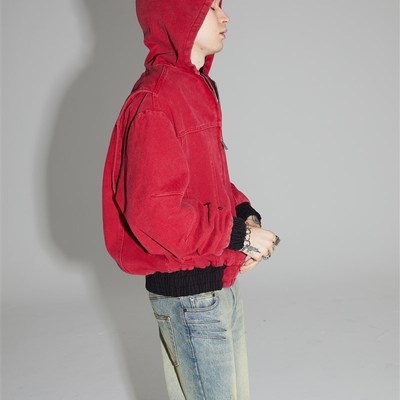 【PacShop】.pac 短款水洗红做旧拉链连帽工装夹克