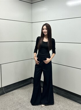 三十八 深蓝色阔腿牛仔裤女秋季新款大码高腰遮胯显瘦直筒牛仔裤