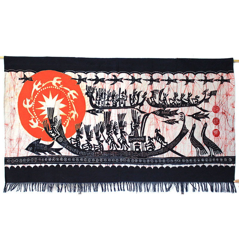 苗族特色蜡染画铜鼓舞棉布壁挂书房客厅装饰画玄关背景画横幅挂布