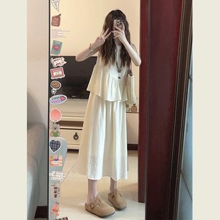 新中式两件套圆领无袖背心连衣裙套装女夏季清冷感禅意a字长裙子