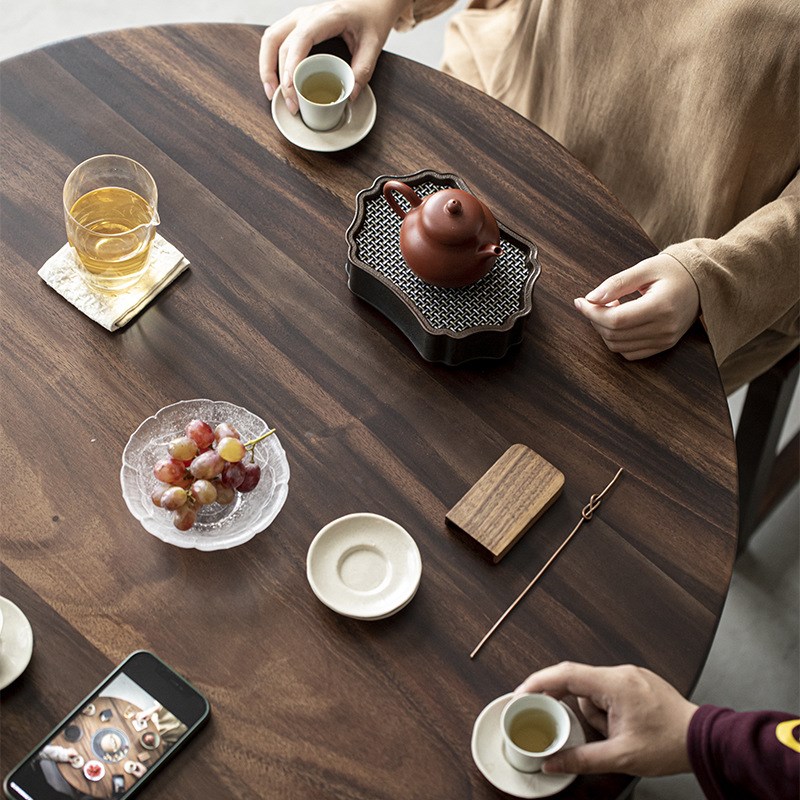 清欢丨胡桃木圆形烧炭茶桌 新中式茶室用茶台 茶空间围炉煮茶