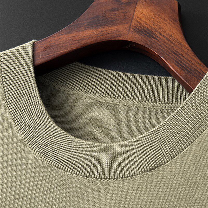 薄款精纺短袖羊毛衫男100纯羊毛圆领毛衣男士中年针织打底衫春秋