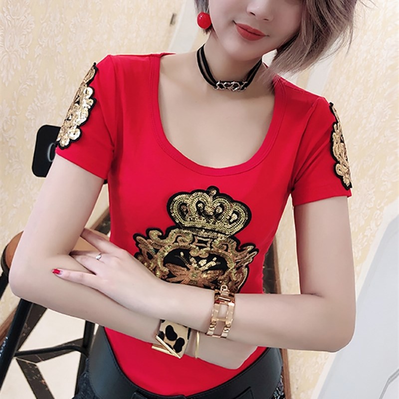 2019夏季新款圆领珠片绣花打底衫女修身显瘦百搭上衣短袖t恤小衫