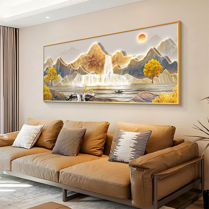 流水生财客厅装饰画轻奢高级感大气沙发背景墙挂画2025新款山水画