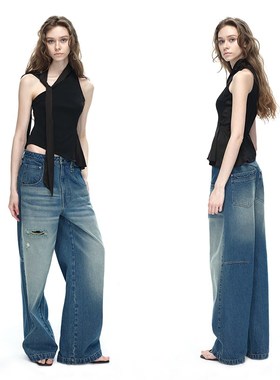 EMPTY PAGE黑色拼接斜肩背心女围脖飘带收腰单肩褶皱上衣