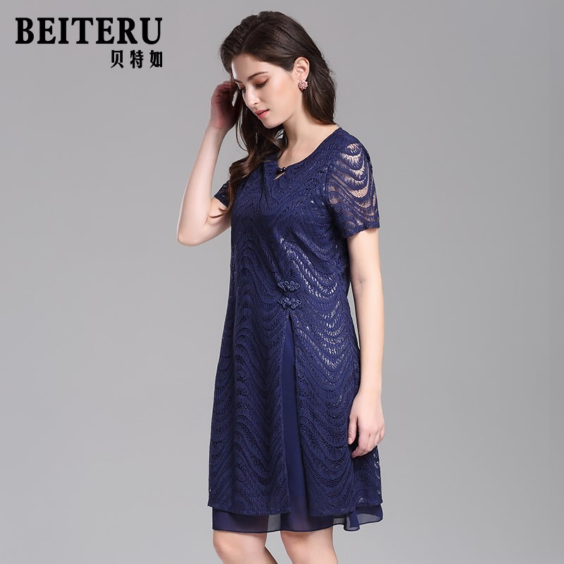 贝特如新款女夏装短袖 气质妈妈装连衣裙 中年女装中长裙子YB