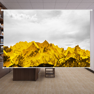 定制办公室会议室茶舍老板房窗帘中式山水画金山图案卷帘遮光防晒