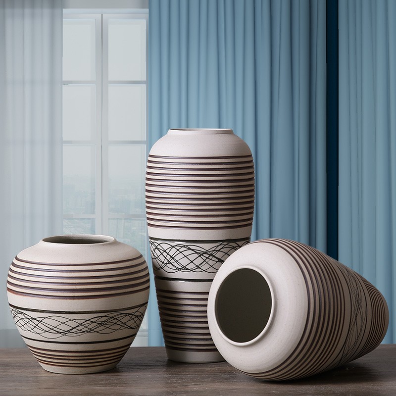 新中式景德镇陶瓷插干花瓶样板房间茶楼室条纹拉丝摆件三件套软装