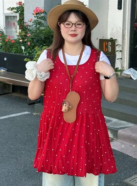 胖薯大码红色波点无袖背心连衣裙女夏季修身甜美显瘦收腰a字裙子