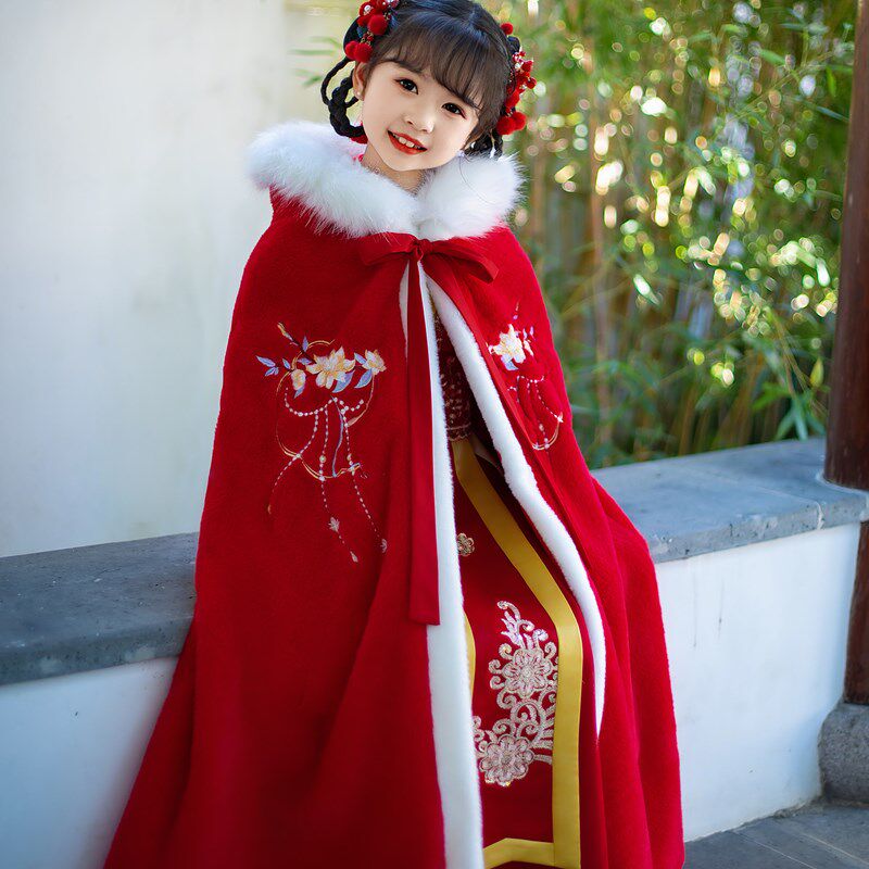 女童汉服古风斗篷披风冬季外套披肩儿童红色连帽毛领长款小公主
