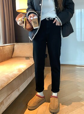 NAZ那子大码秋冬新款显瘦修身直筒小脚裤胖mm高腰黑色气质裤子女