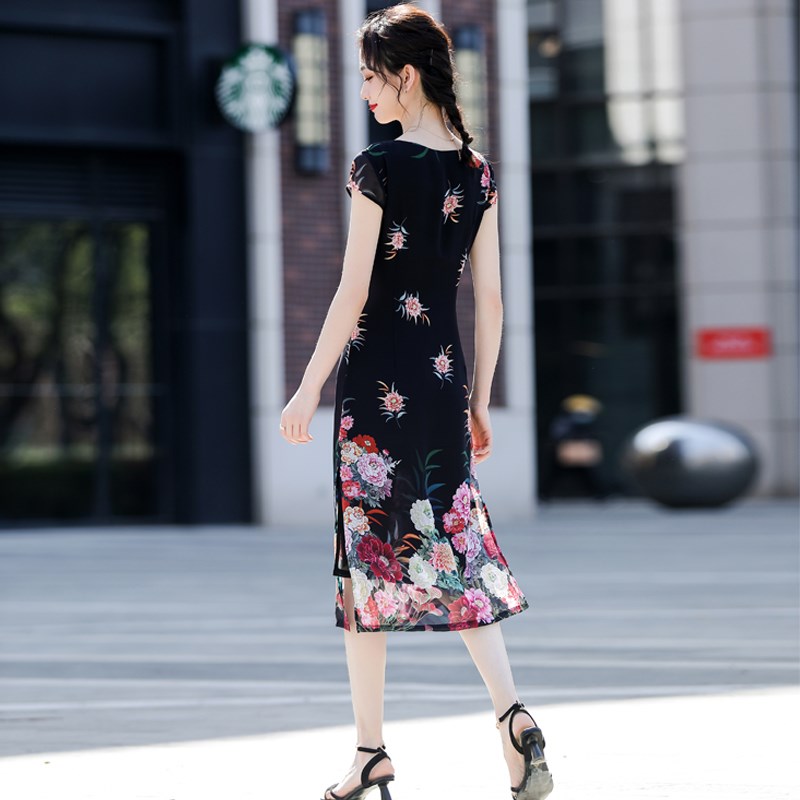 中长连衣裙女2023夏气质包臀收腰显瘦雪纺开叉复古改良版旗袍裙子