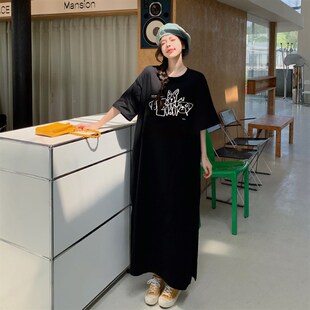 高个子长款2024新款大码胖mm夏装T恤裙子纯棉宽松及踝短袖连衣裙