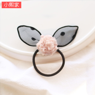 韩国羊毛球球兔耳朵甜美皮筋儿童亲子马尾发绳小学生头饰宝宝发圈