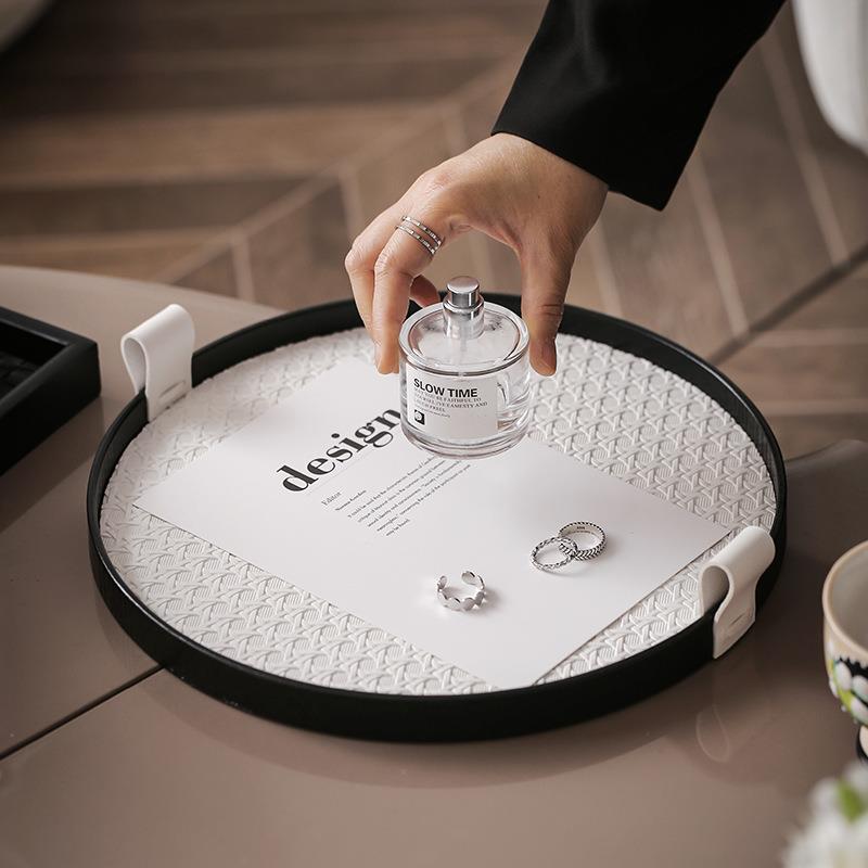 欧皮革盘收KDV复古纳盘样板间客厅茶几餐厅轻托奢木北质置物圆盘