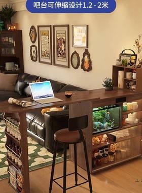台桌子一缩体可伸旋转色家用吧客厅沙发隔断柜DNU复古胡桃实木窄