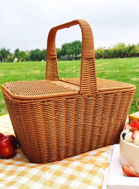 手田园藤餐篮超市编篮子购物野篮花篮收纳筐WMX提篮带盖道具篮