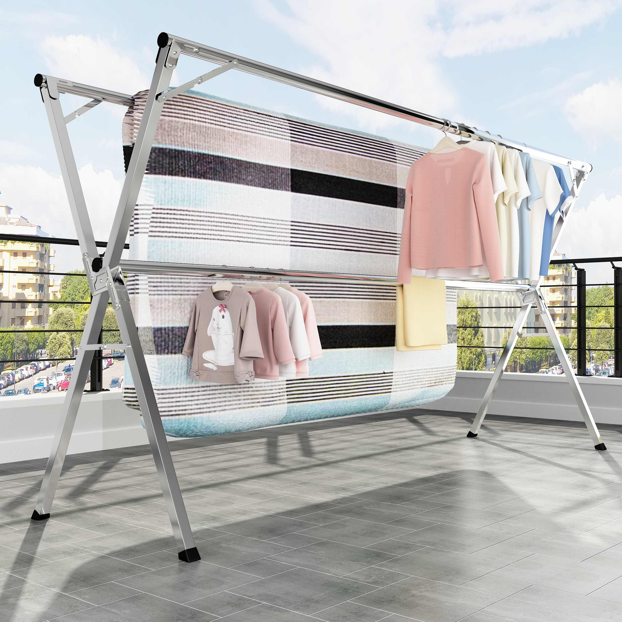 怡奥不锈钢c婴儿晾衣架落地折叠室内外可伸缩阳台晾晒衣架被子神