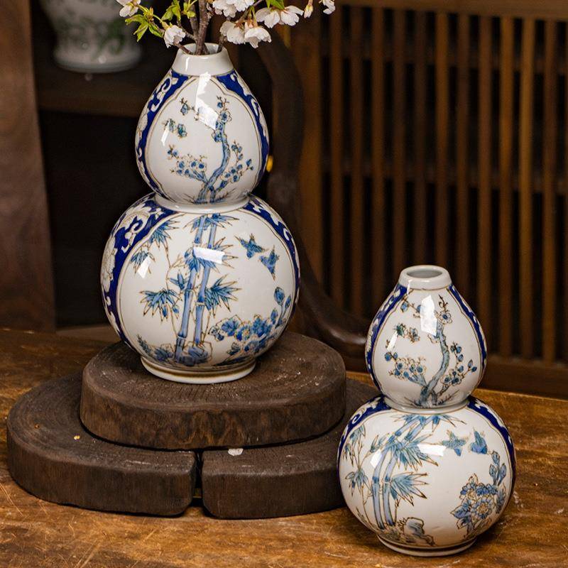 轻奢WPL富贵竹“陶新中式葫芦瓶釉下“彩陶葫芦花瓶玄关瓷瓷摆件