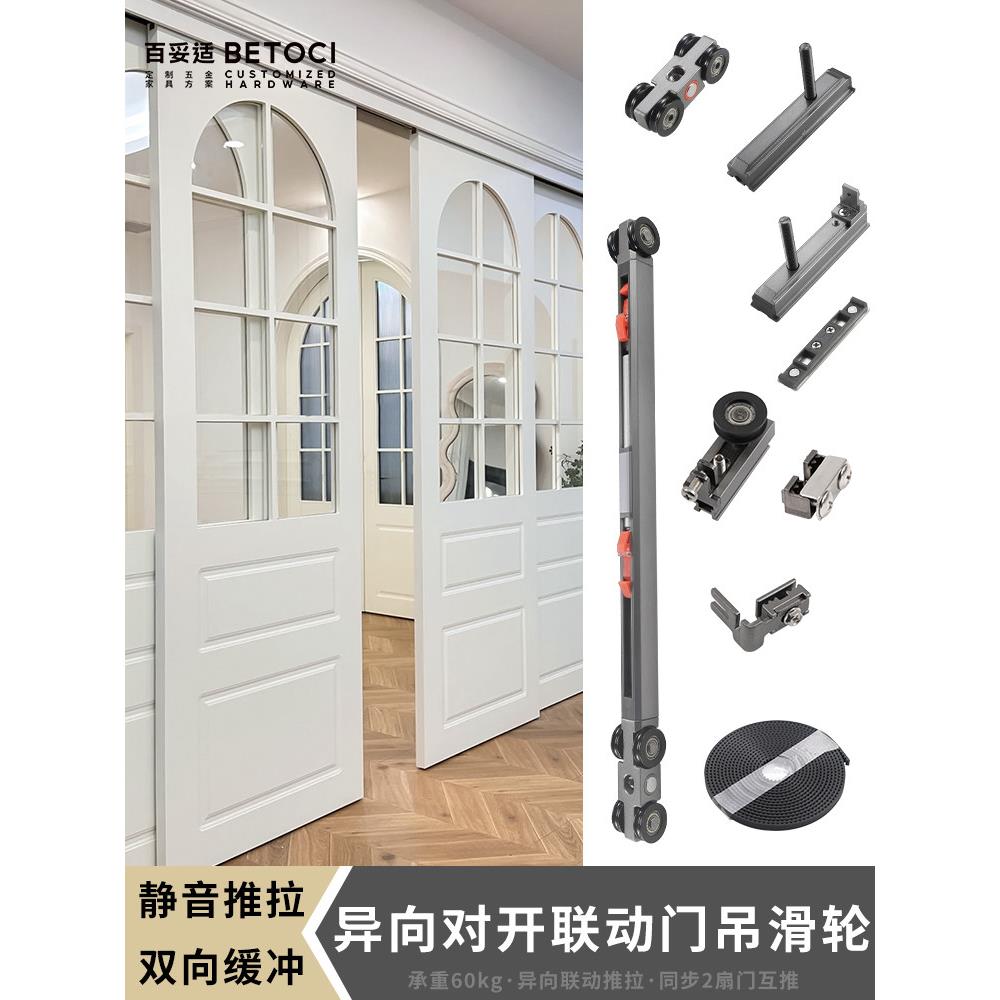 木铝双用办公室对开反向联动推拉移门吊轨滑道商铺门反向同步吊滑