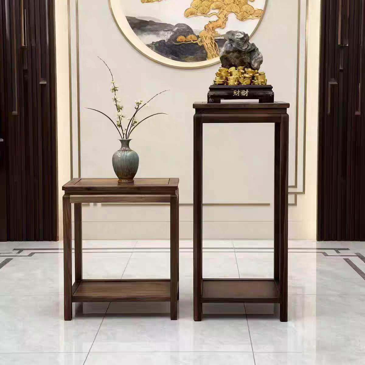 新中式黑胡桃木花架客厅落地式花几电视柜旁高端客厅装饰展示架
