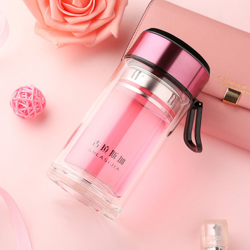 古拉斯加双层玻璃杯女女士隔热时尚便携粉色可爱小容量花茶水杯子