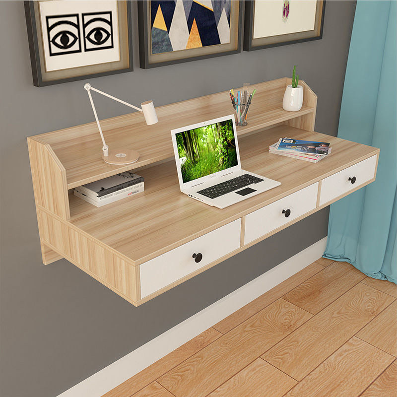 现代简约卧室台式电脑桌家用书桌书架组合一体书台书柜墙上壁挂式