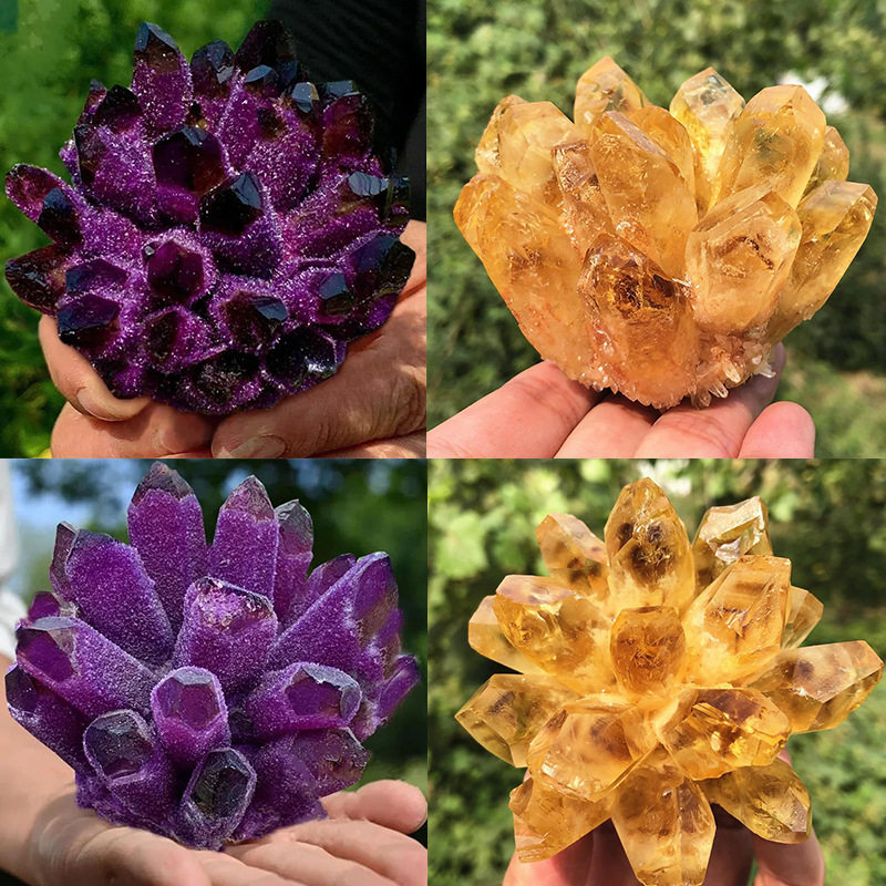 跨境天然水晶簇摆件紫黄白水晶消磁石观赏石矿石家居装饰送底座