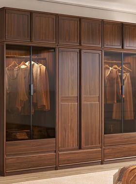 中式黑桃木柜实木现代简约带顶柜家用卧室玻新璃储物柜90248胡衣衣橱