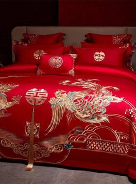 中式龙凤婚庆四件套大红色00S1纯被结套婚送OZO礼喜被棉床上用品