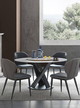 意PXL奢式轻餐桌家用桌小户型亮岩板圆简约现代带转光盘6人吃饭餐