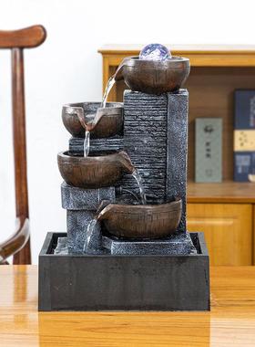 式中桌面流喷泉QAQ循环水摆件电视柜水客厅办桌茶公桌招财家居工